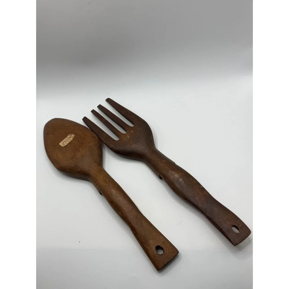 Vtg Hand Carved Wood Kitchen Wall Decor Set Fork Spoon Philippines Tribal